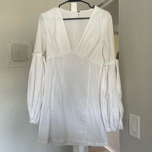 free people white cotton plunging v-neck balloon pleated sleeve mini dress